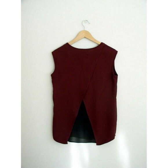 Ann Taylor Womens Split Back Top Merlot Red Black - Picture 2 of 3